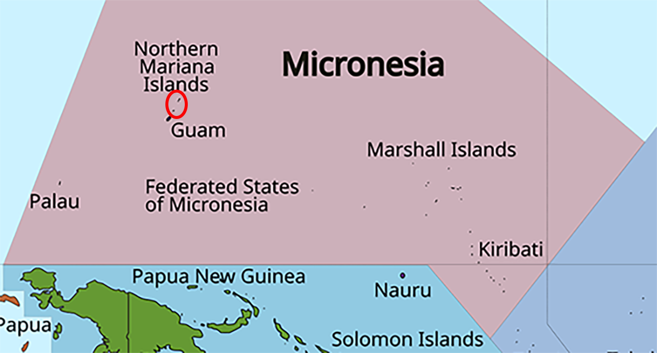 image of the Northern Mariana Islands, in relation to Micronesia with the orthern Mariana Islands circled in Red.