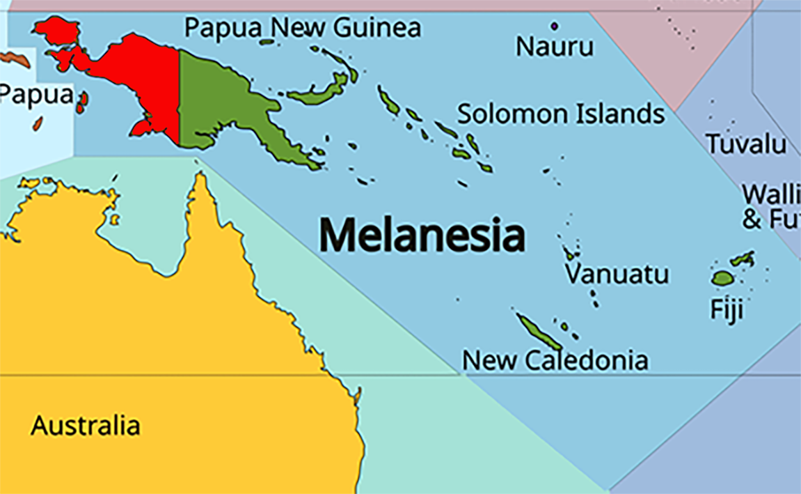 image of Papua, in relation to Melanesia with Papua in Red.