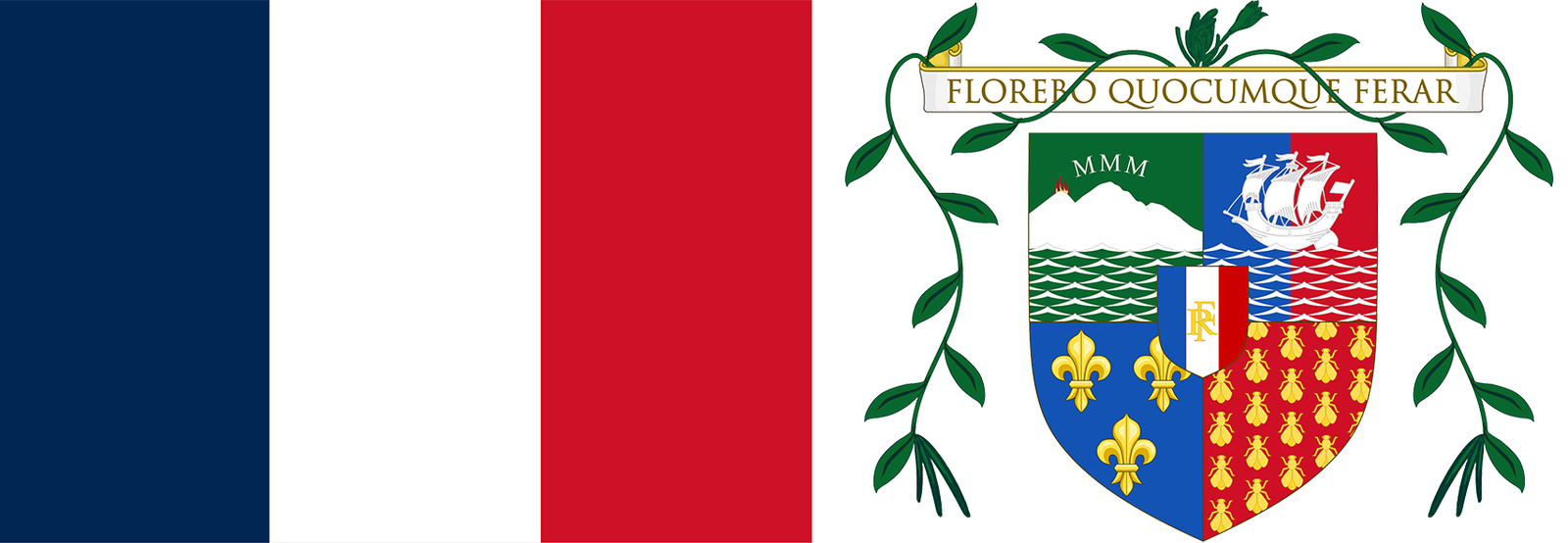 The flag and coat of arms of Réunion.