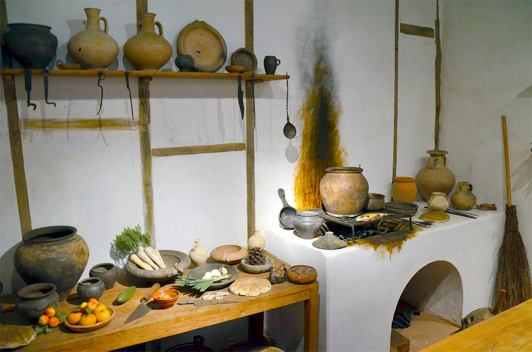 Reconstructed Roman kitchen at the Museum of London.