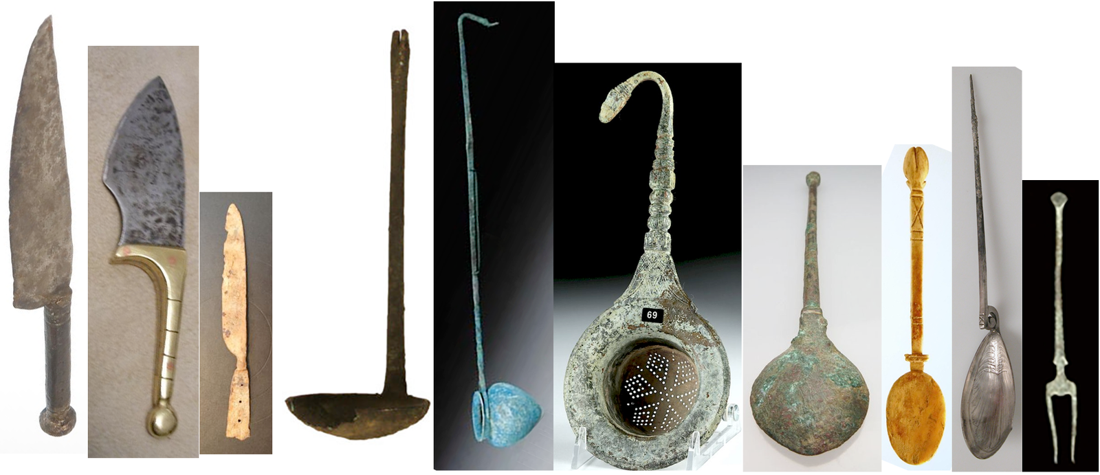 Roman kitchen utensils: knives, ladle, wine dipper, strainer, spoons fork.
