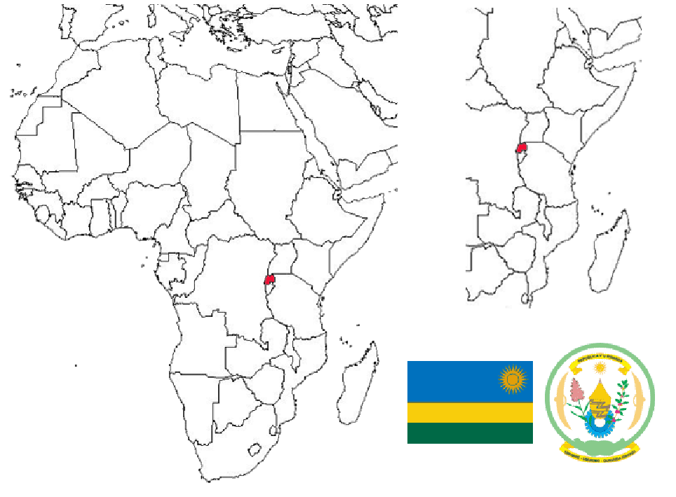 image of Rwanda, in relation to Africa and East Africa with Rwanda in Red.