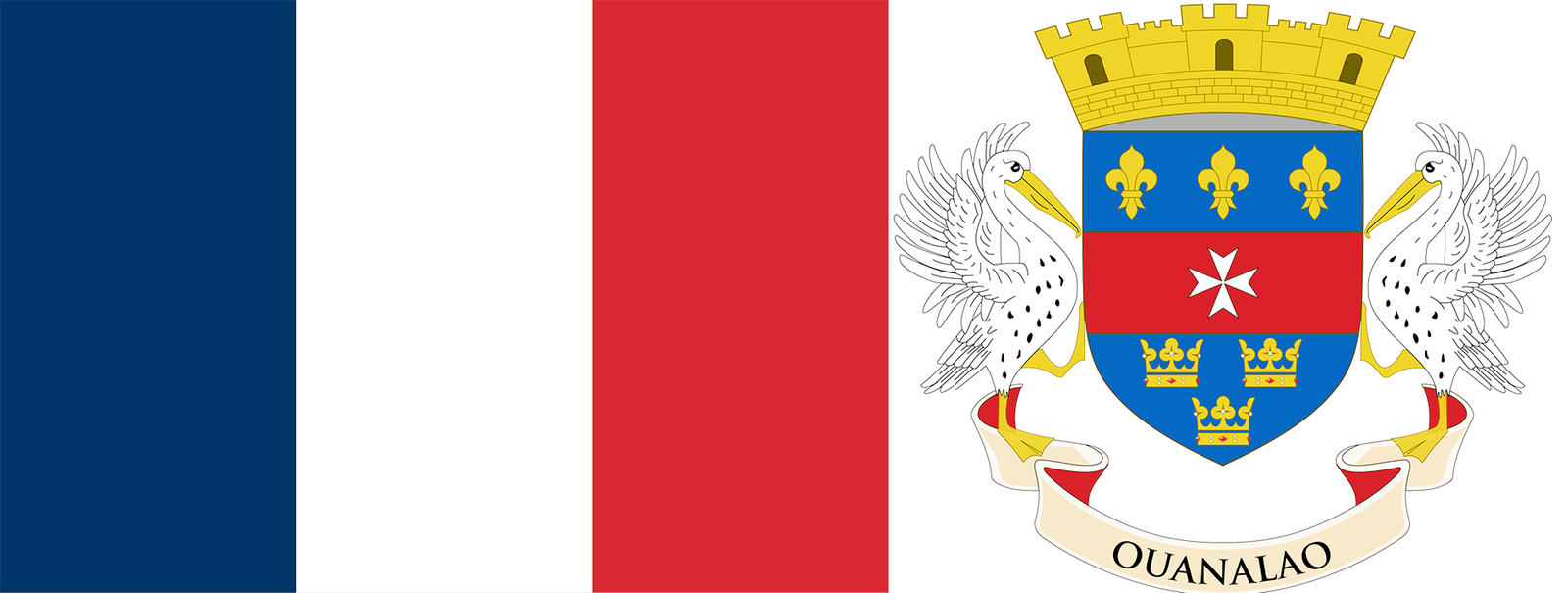 The flag and coat of arms of Saint Barthélemy.
