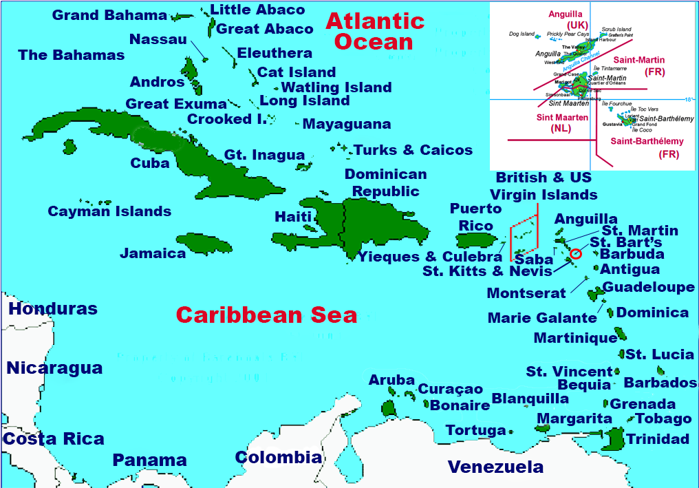 Location of Saint Barthélemy in the Caribbean.