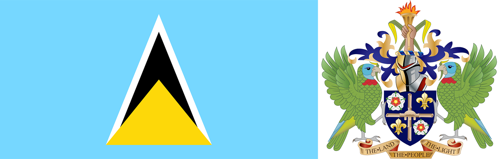 The flag and coat of arms of Saint Lucia.