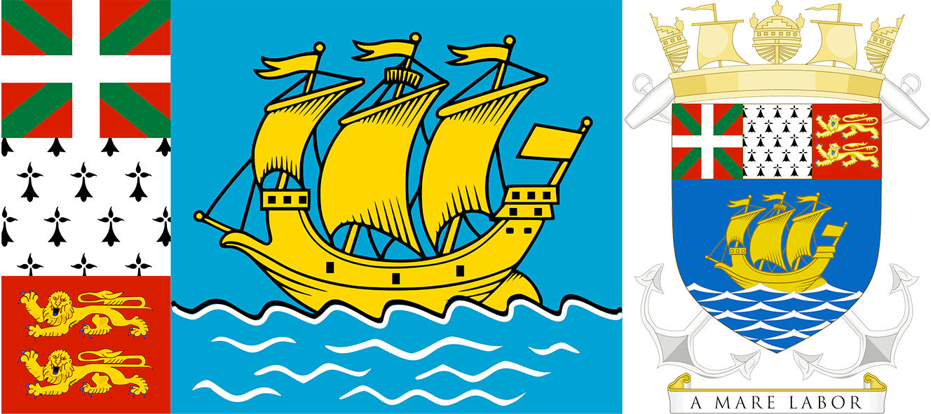 The flag and coat of arms of Saint Pierre and Miquelon.