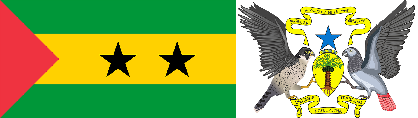 The flag and coat of arms of São Tomé and Principe.