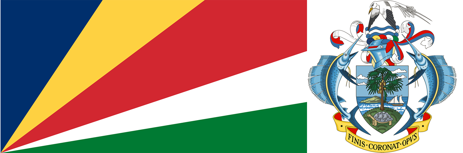 The flag and coat of arms of Seychelles.