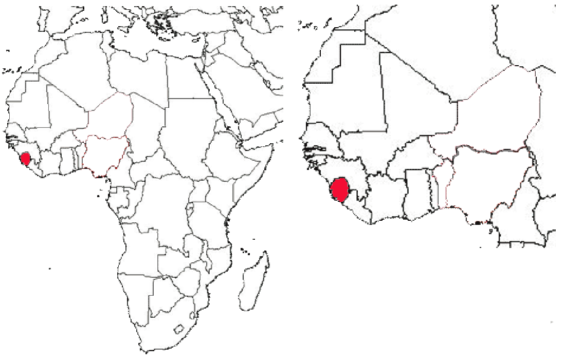 image of Sierra Leone, in relation to Africa (left) and West Africa (right).
