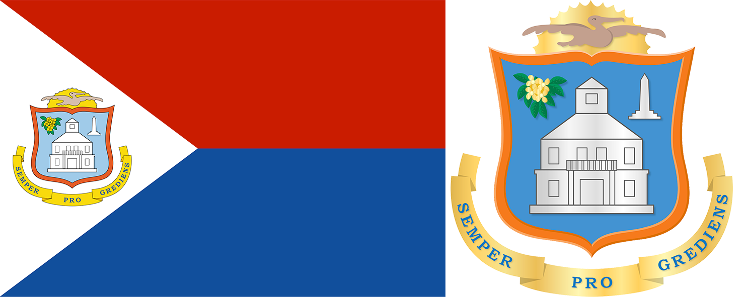 The flag and coat of arms of Sint Maarten.