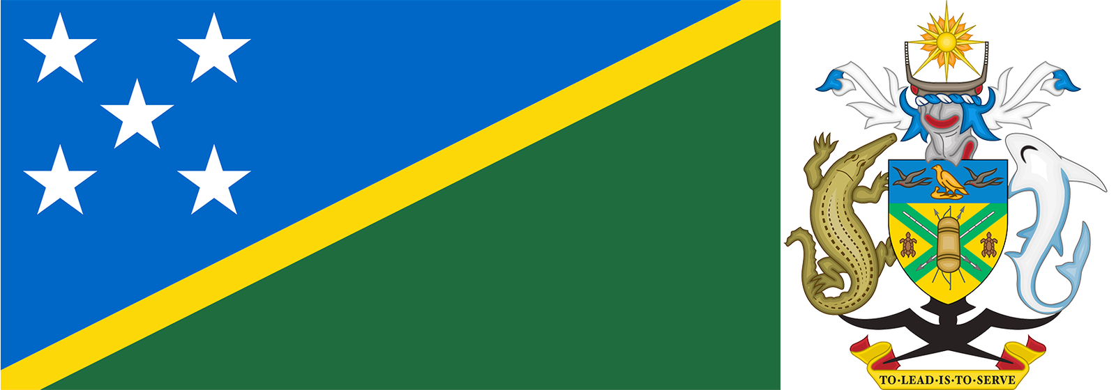 The flag and coat of arms of Solomon Islands.