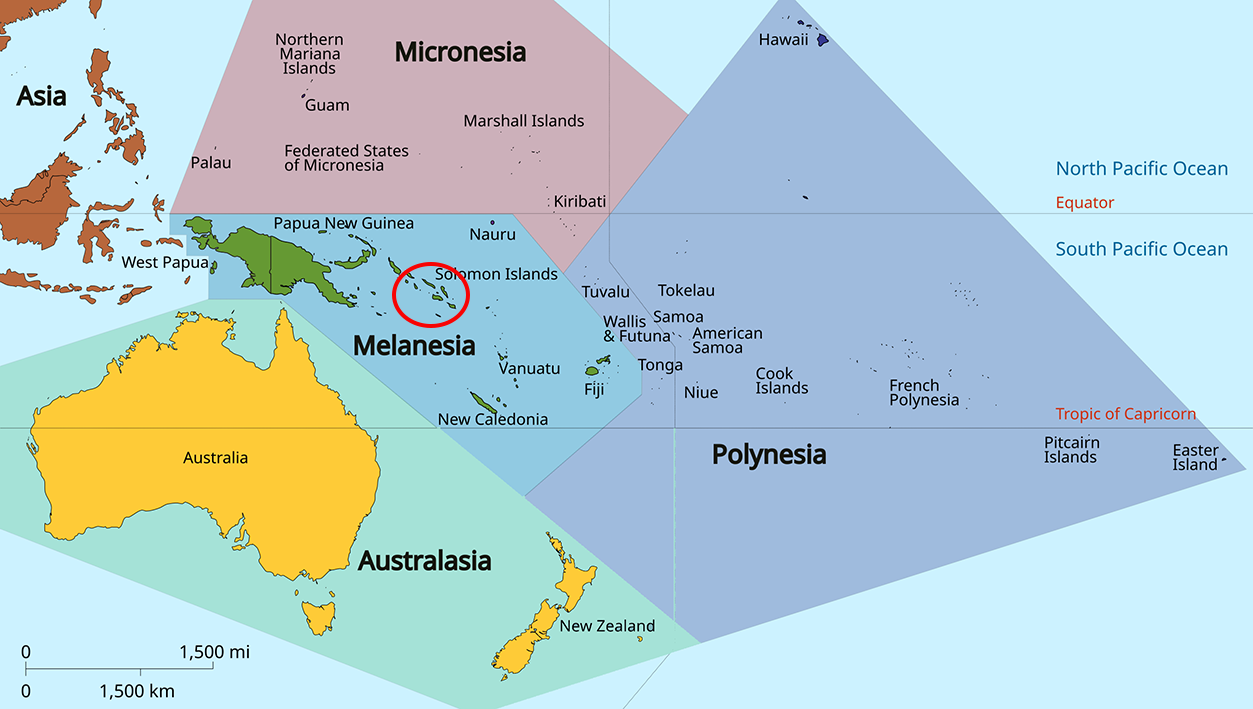 image of Solomon Islands, in relation to Oceania with Fiji in Red.