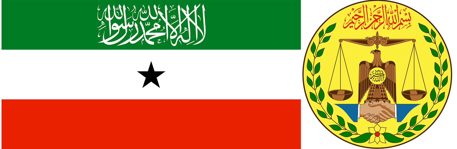 The flag and coat of arms of Somaliland.