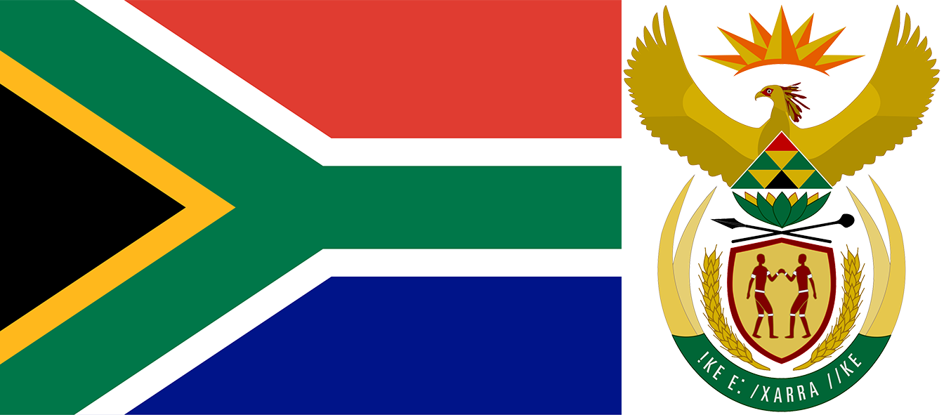 The flag and coat of arms of South Africa.