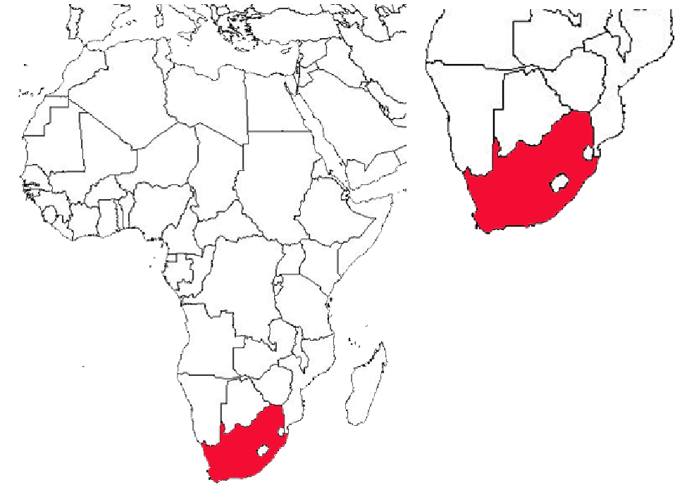 image of South Africa, in relation to Africa (left) and Southern Africa (right).