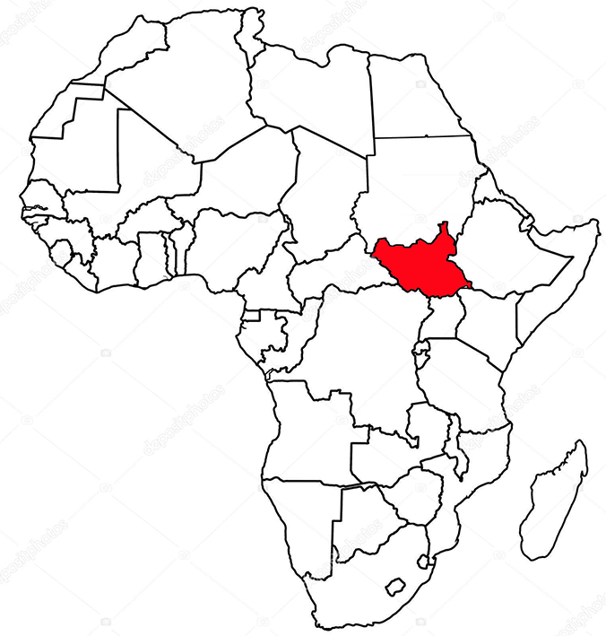 image of South Sudan, in relation to Africa.