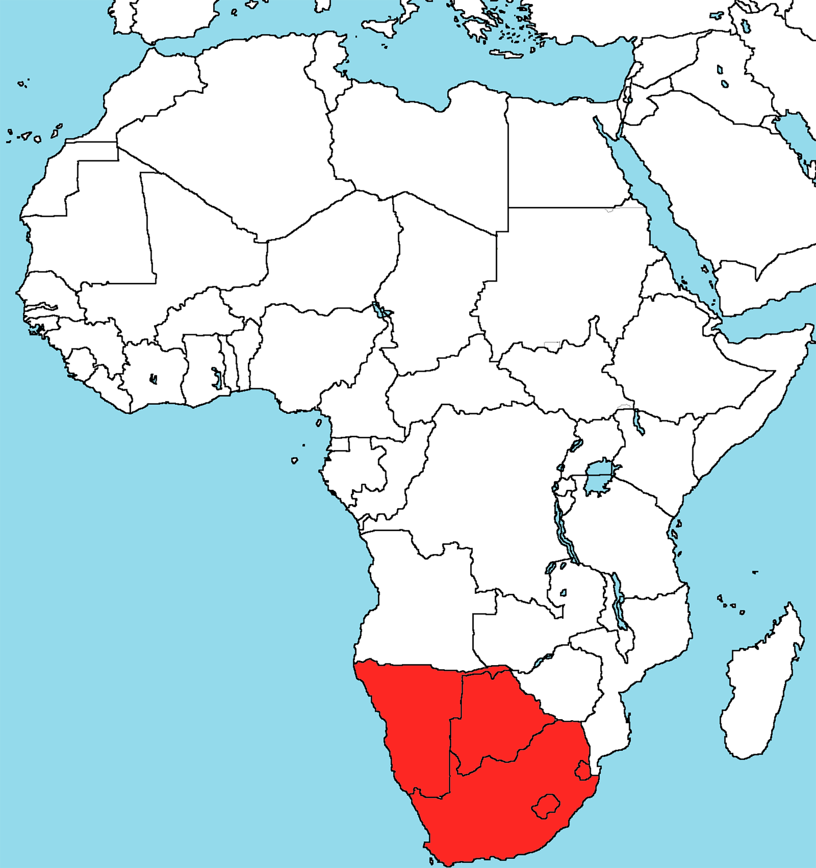 The map of Africa with Southern Africa shown in red.