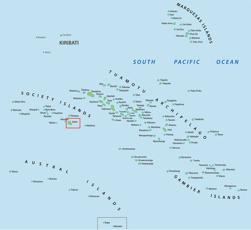 image of Tahiti, in relation to French Polynesia with Tahiti marked.