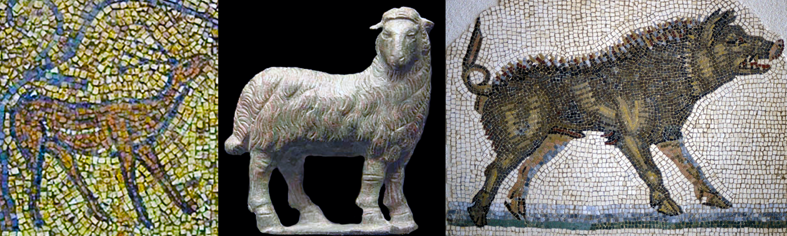 mosaics of deer and wild boar with bronze statuette of sheep.
