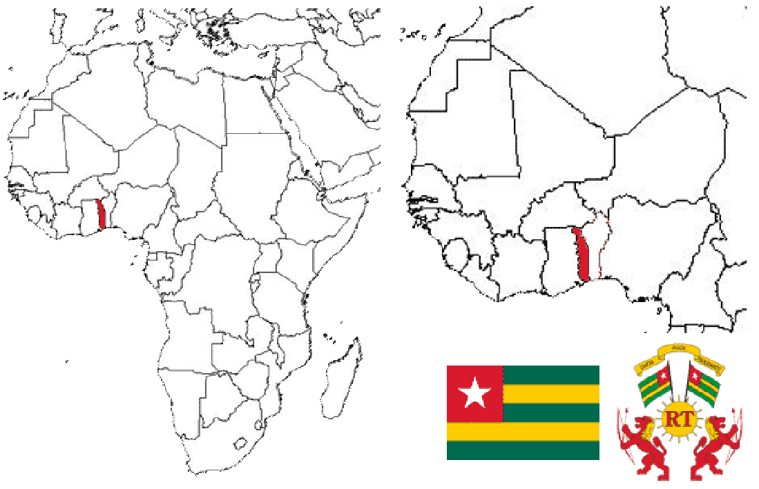 image of Togi, in relation to Africa and West Africa with Togo in Red.