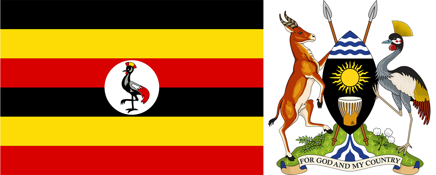 The flag and coat of arms of Uganda.