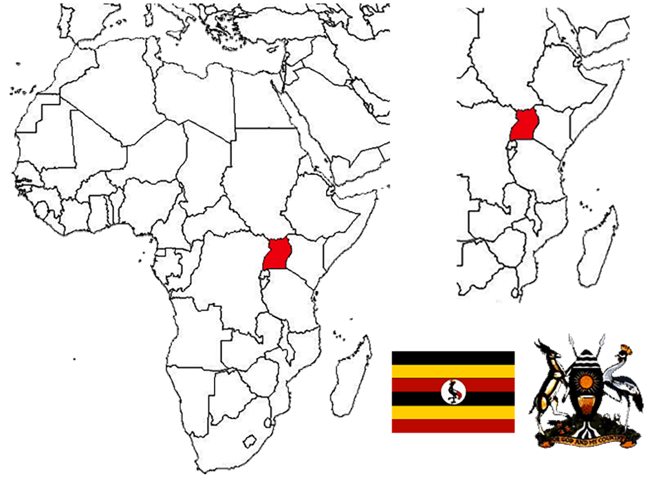 image of Uganda, in relation to Africa (left) and East Africa (right).