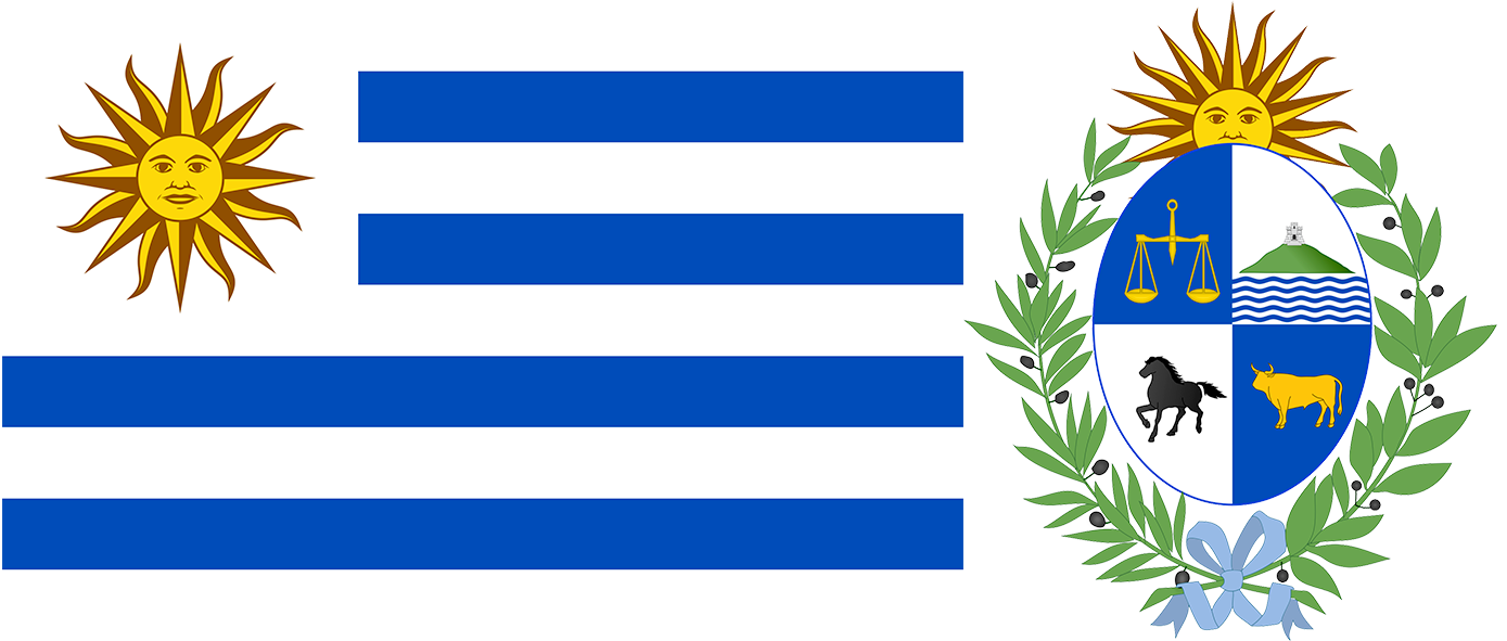 The flag and coat of arms of Uruguay.