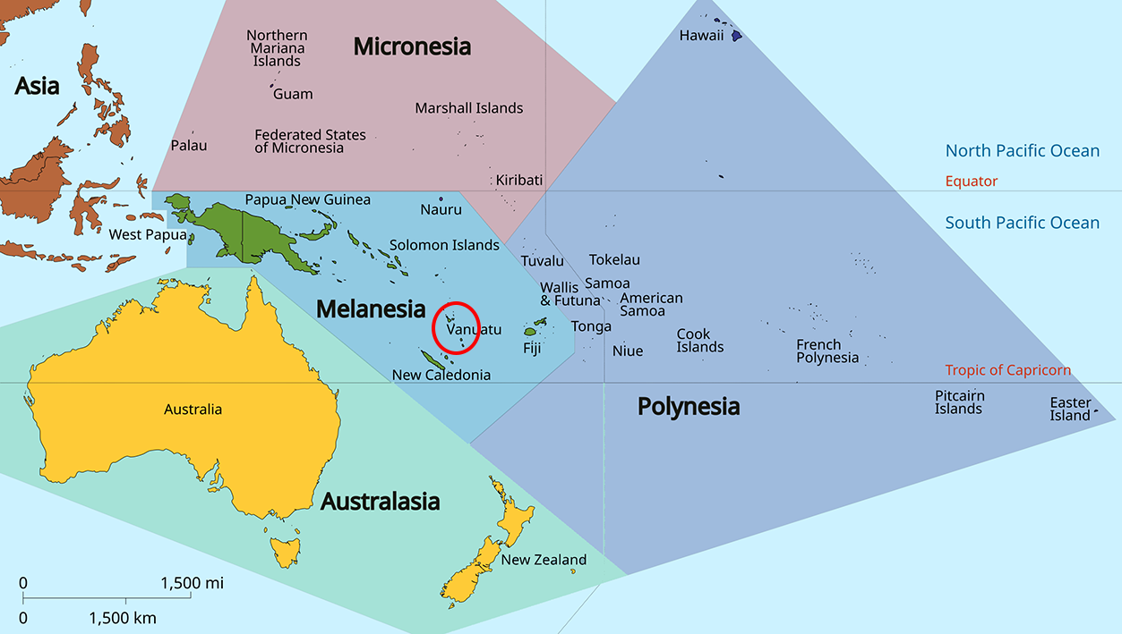 image of Vanuatu, in relation to Oceania with Fiji in Red.
