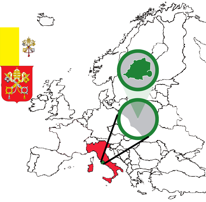 image of Italy, in relation to Europe with Italy in Red and the location of Vatican City, inset