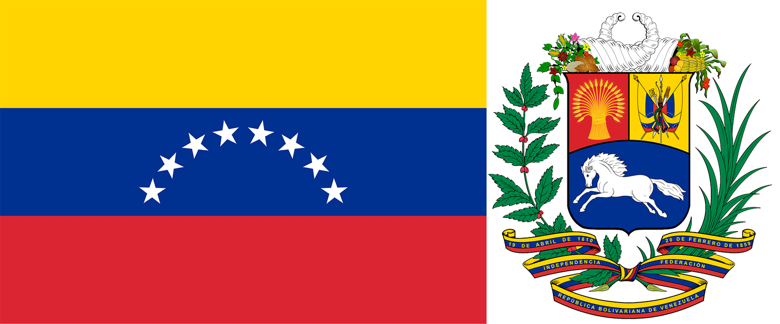 The flag and coat of arms of Venezuela.