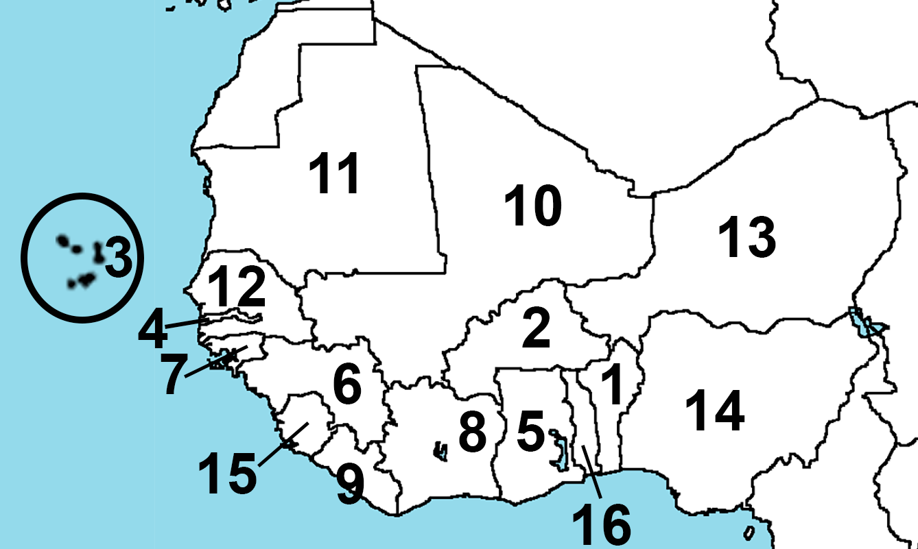 Location of the 16 nations of West Africa.