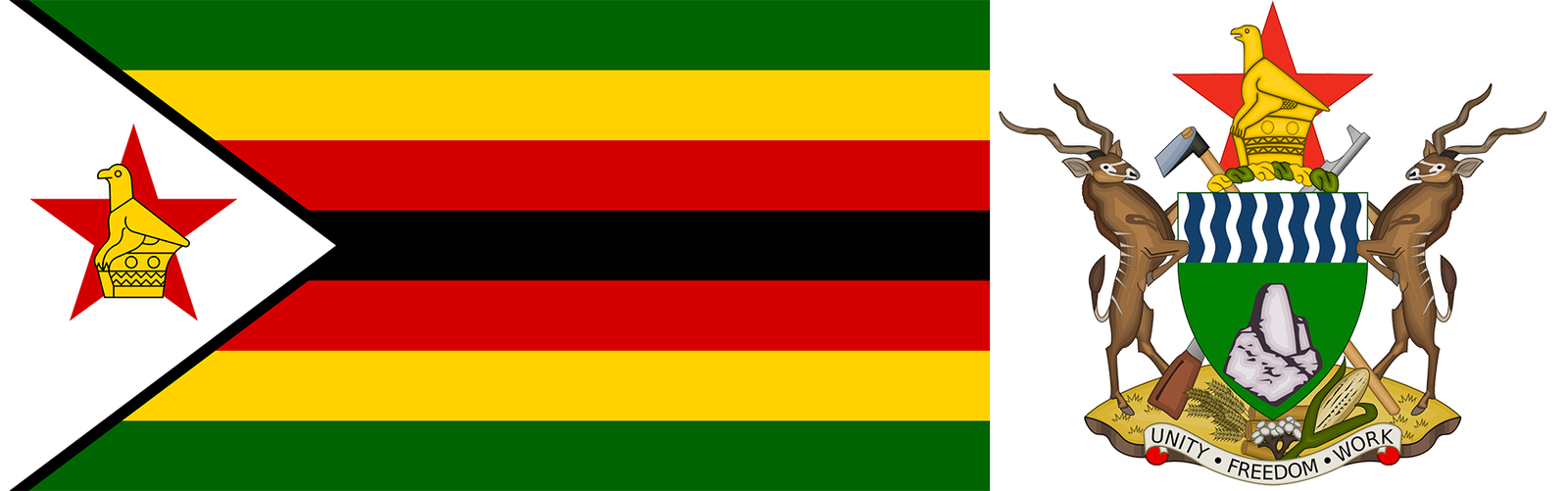 The flag and coat of arms of Zimbabwe.
