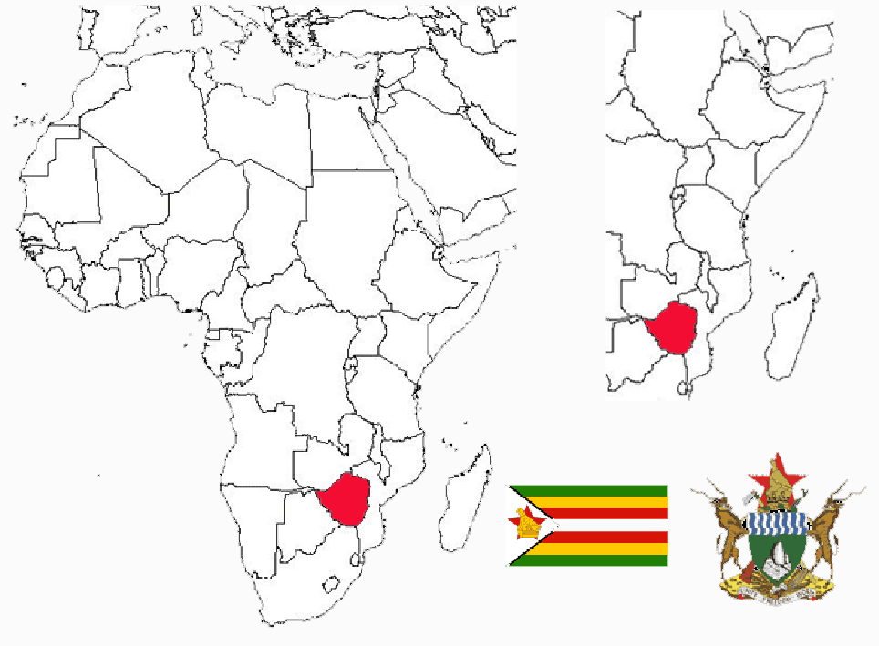 image of Zimbabwe, in relation to Africa and Southern Africa with Zimbabwe shown in red.