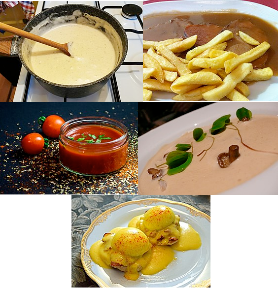 Five French mother sauces: Béchamel; Espagnole; Tomato; Veoluté and Hollandaise