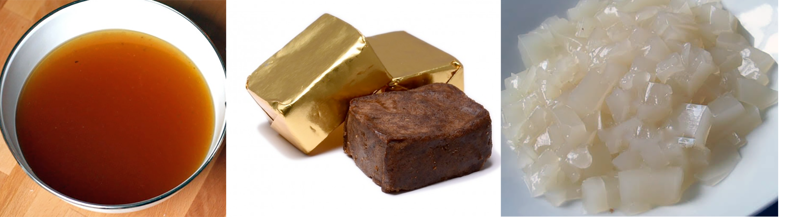 Fresh beef stock, beef stock cube and jellified chicken stock