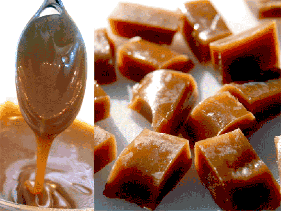 Pouring caramel sauce and caramel candies