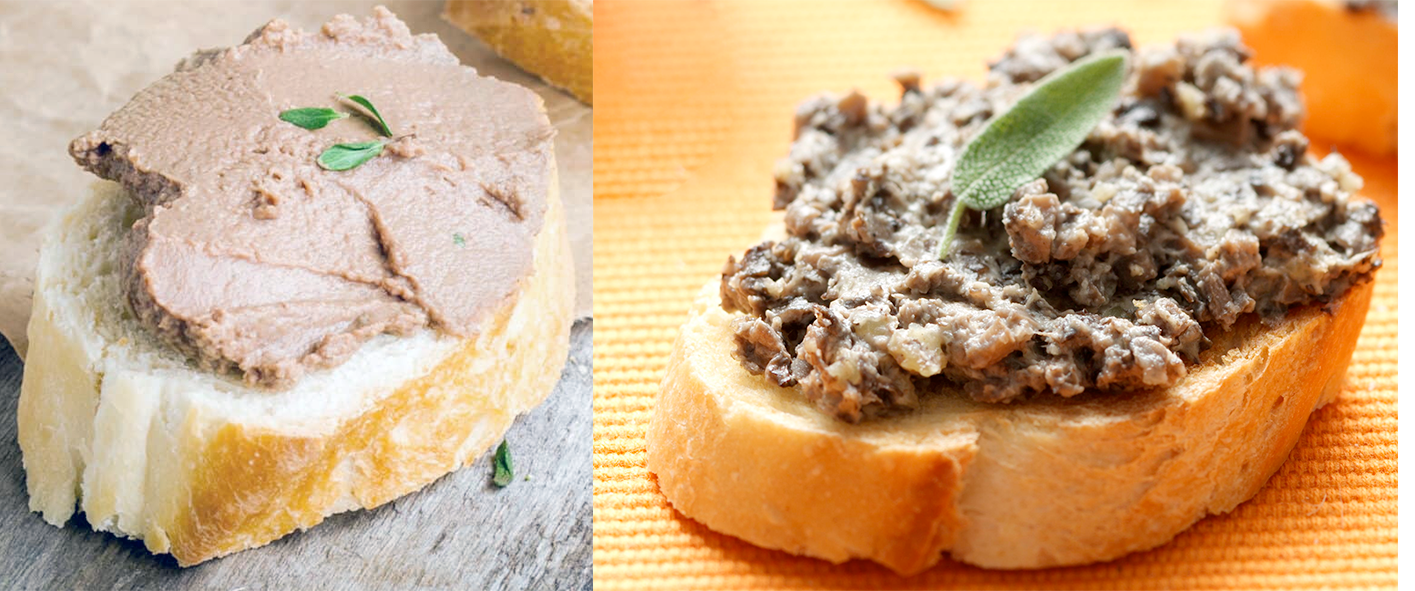 Chicken liver pate and mushroom pate served on French bread