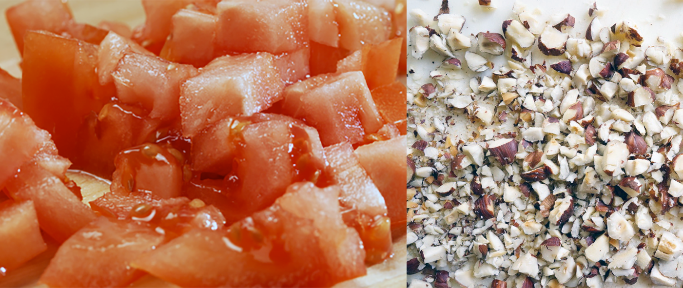 Concasser, coarsely chopped tomatoes and almonds</caption>