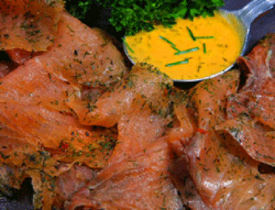 Thin slices of gravadlax (cured salmon)