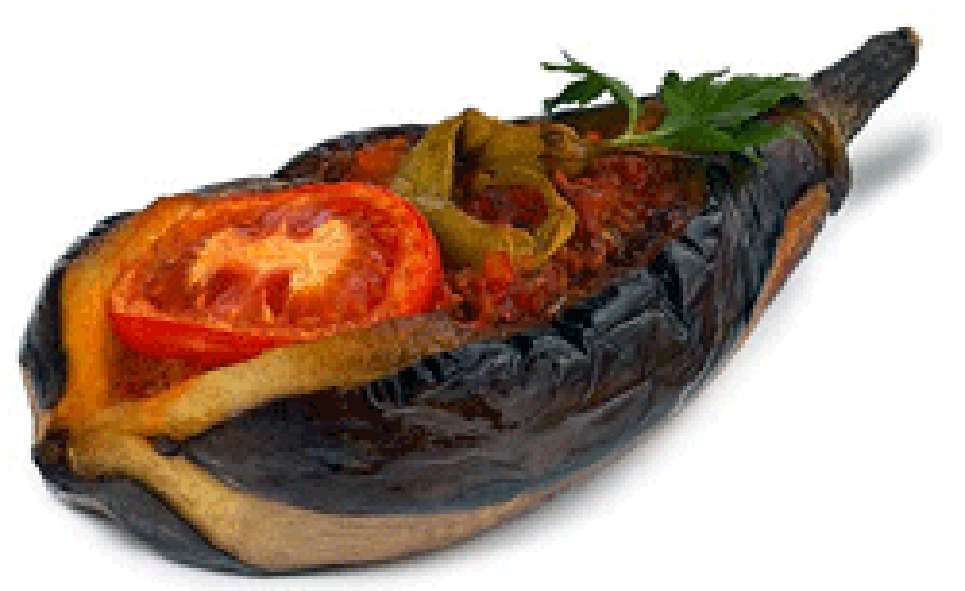 Imam Bayildi, a whole aubergine stuffed with stuffed with onions, garlic, and tomatoes