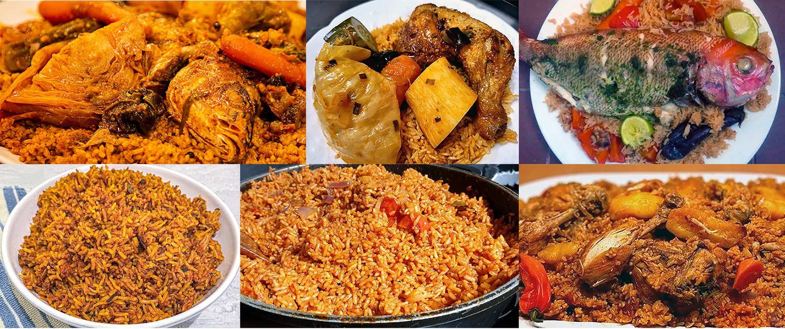 Jollof rices and variants from Guinea, Mali, Senegal, Gambia, Ivory Coast, Nigerian and Ghana