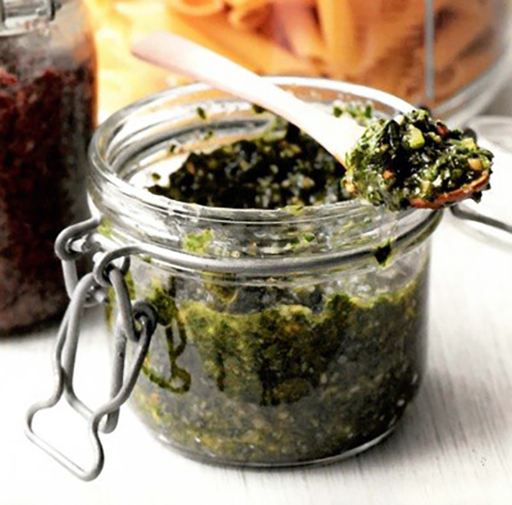Classic Italian basil pesto in a glass jar