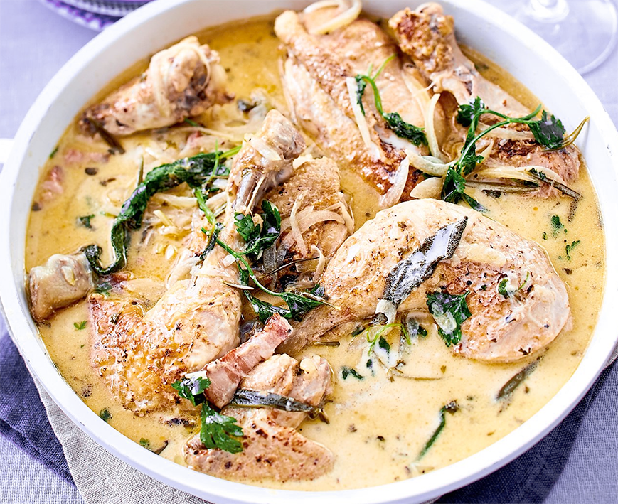 Poulet a la normande served in a casserole dish