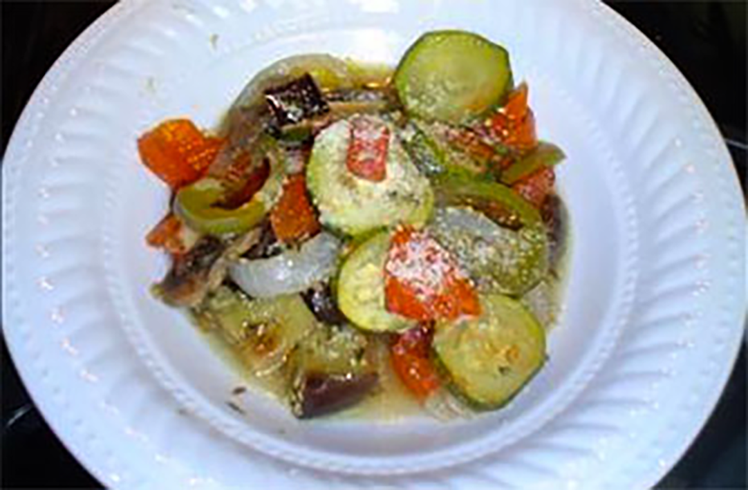 Classic ratatouille in a shallow white dish