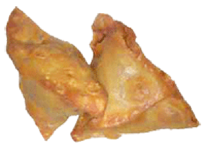 Two deep-fried samosas