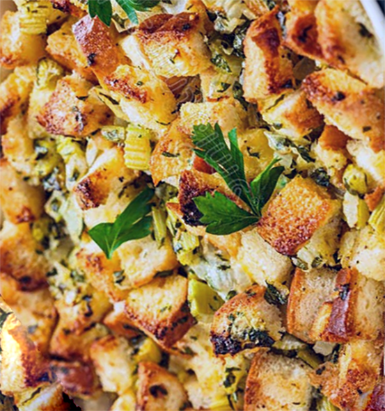 traditional bread and celery stuffing in a baking dish