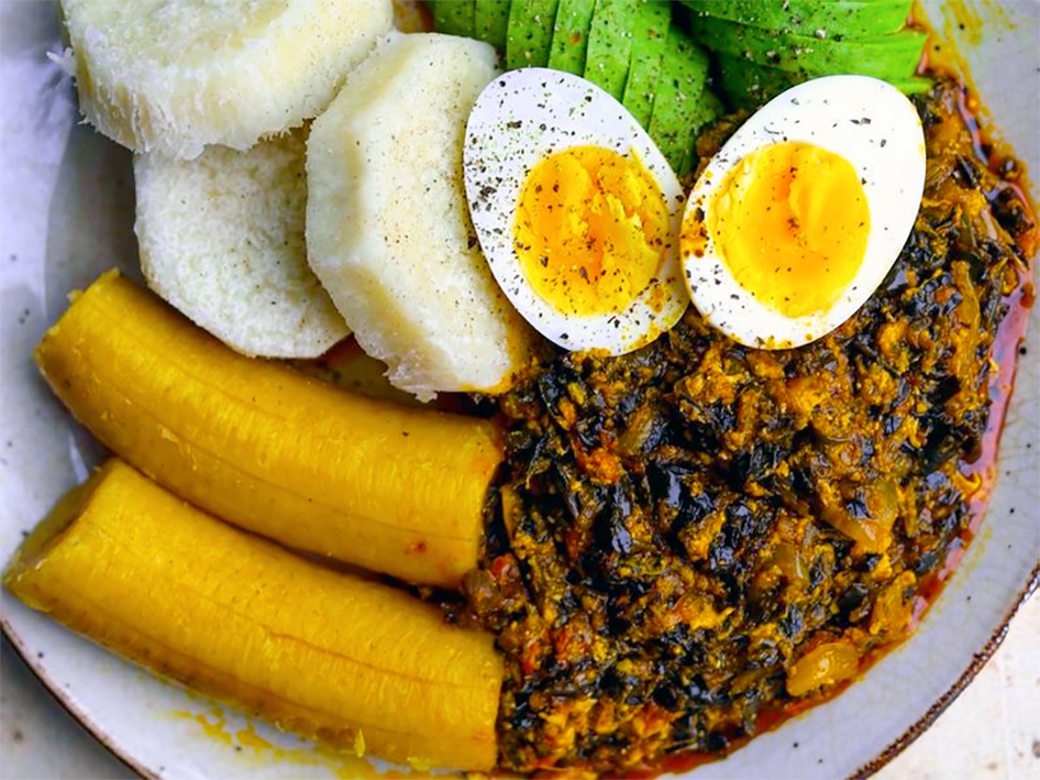 stew of smoked fish and turkey berries served with boiled plantains, cocoyam, eggs and avocado