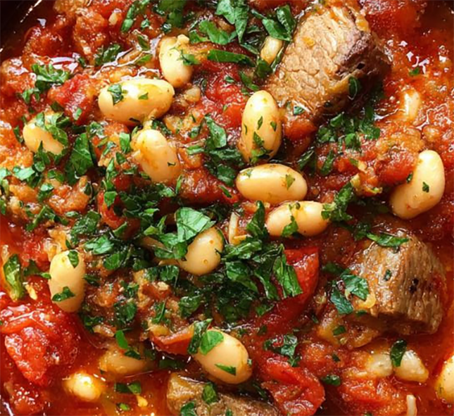stew of lamb pieces with haricot beans in a tomato sauce