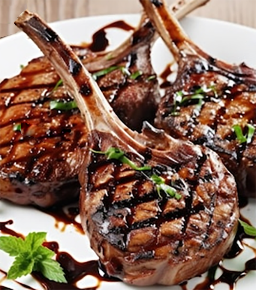 barbecued veal chop on a plate with a balsamic reduction