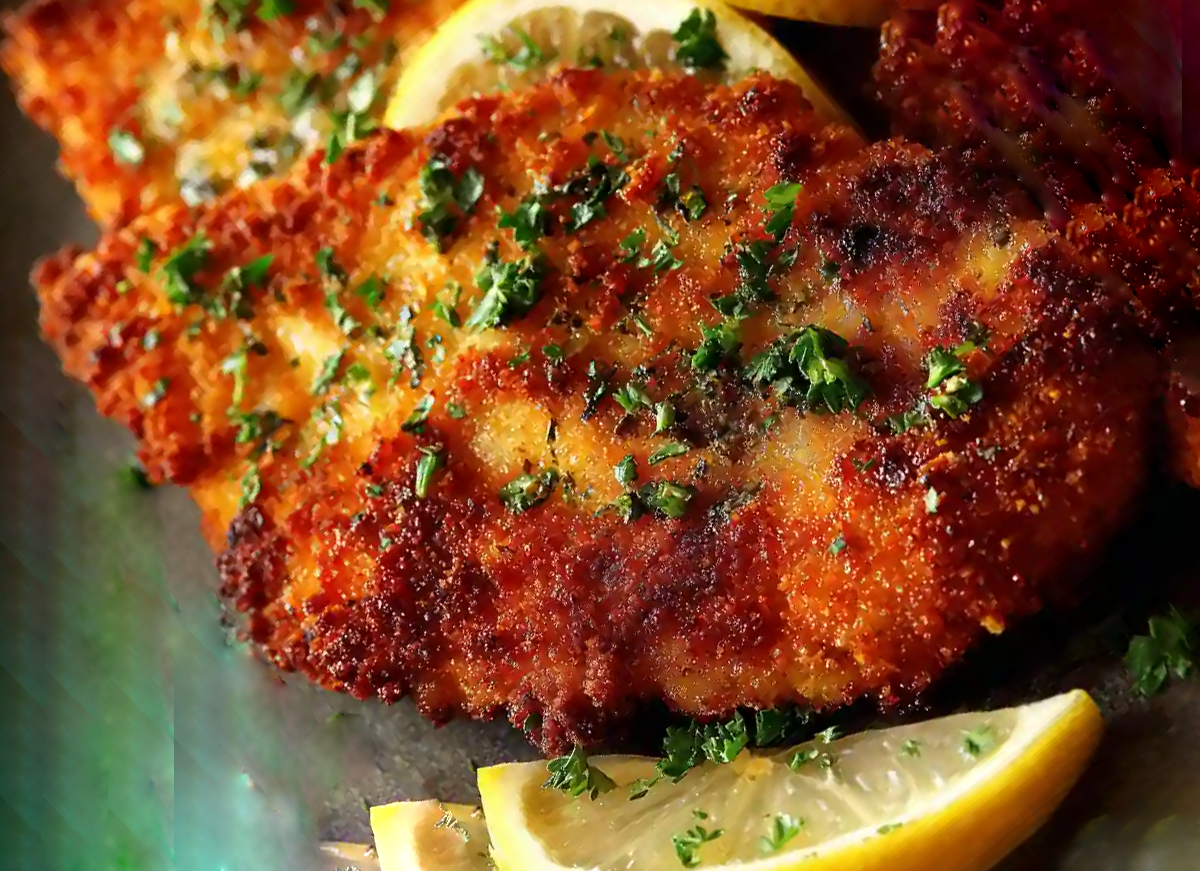 barbecued herbed chicken schnitzel on a plate with a wedge of lemon